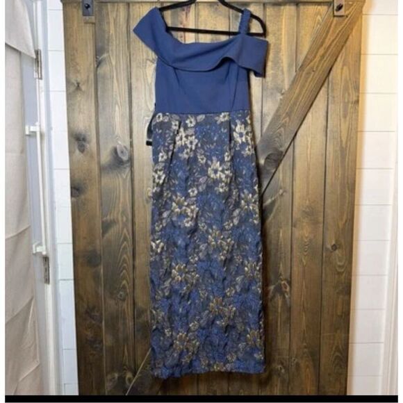 JS Collections Stretch Crepe Metallic Jacquard Off The Shoulder Gown - Picture 3 of 8